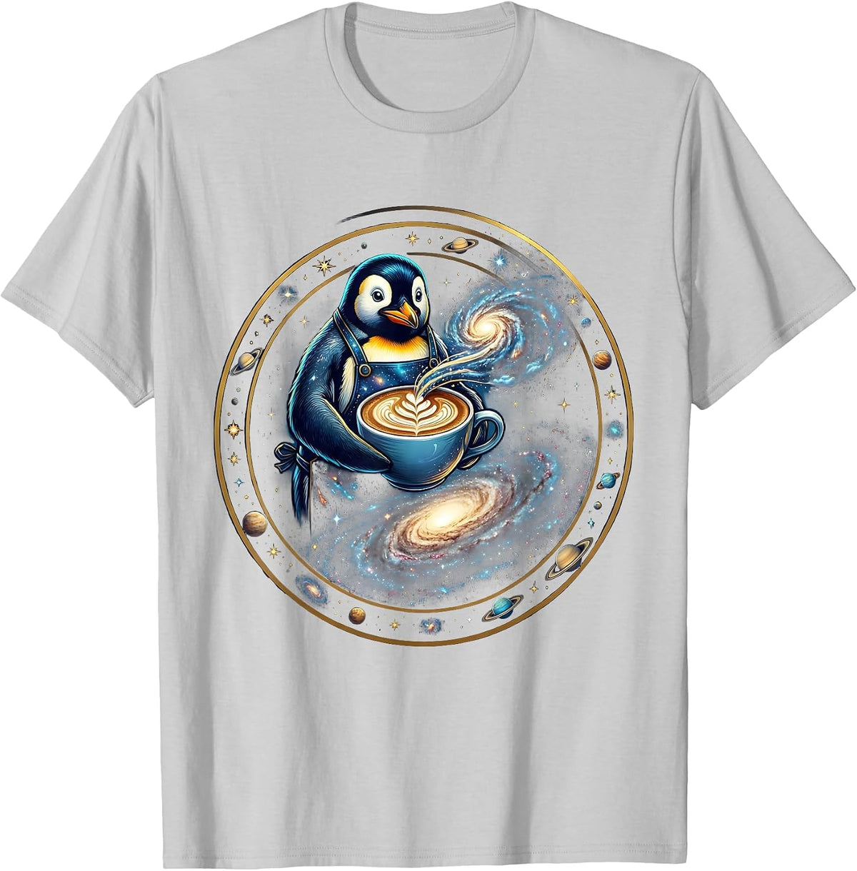 Men's Penguin Barista Latte Art Coffee Lover Design T-Shirt - Silver Grey
