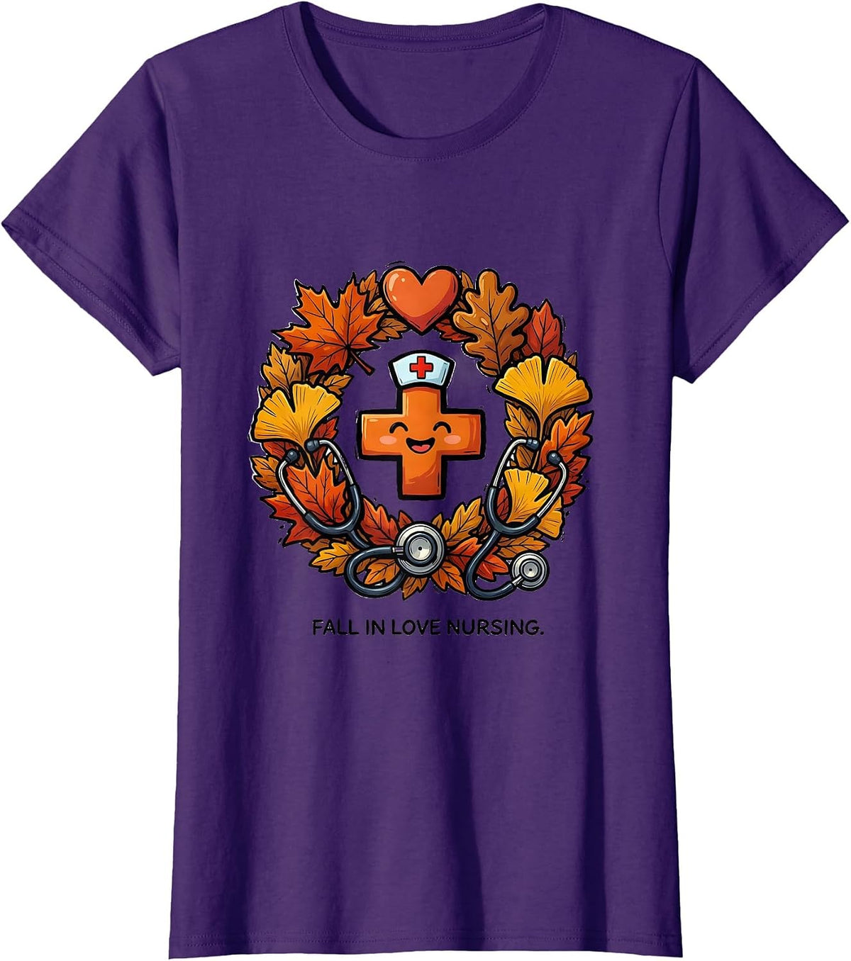 Women's Fall In Love Nursing Autumn Nurse Design T-Shirt - Purple