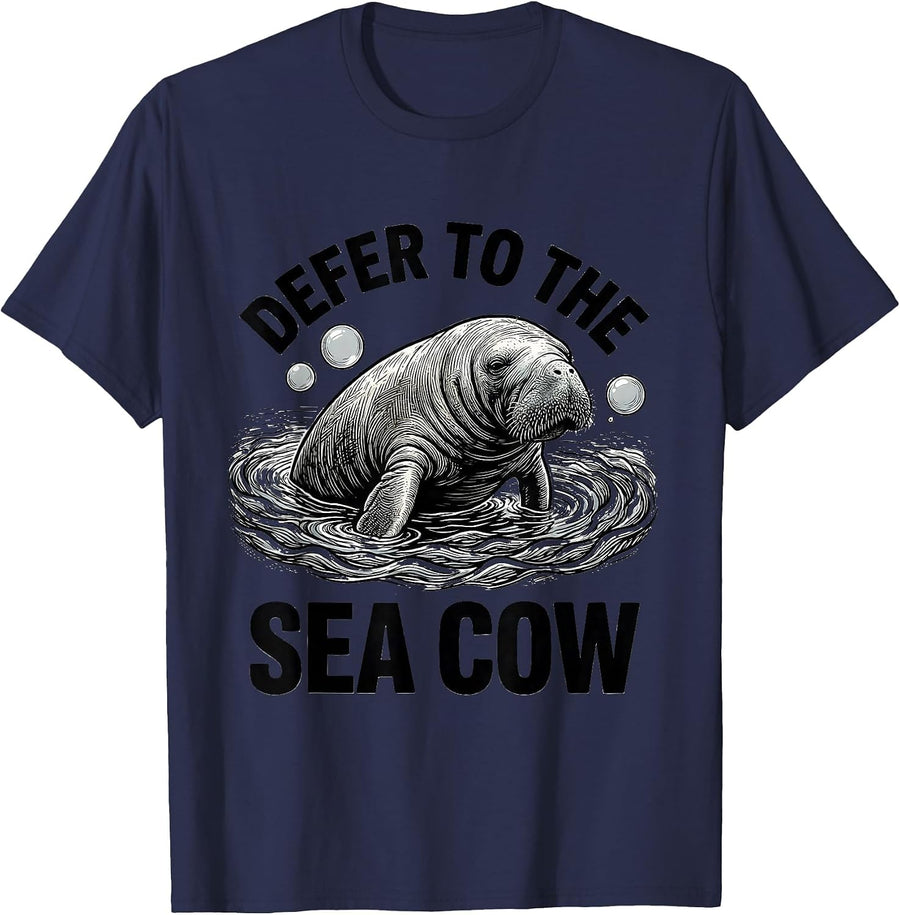 Defer To The Sea Cow Funny Manatee Lover Wildlife Humor T-Shirt - Navy Blue