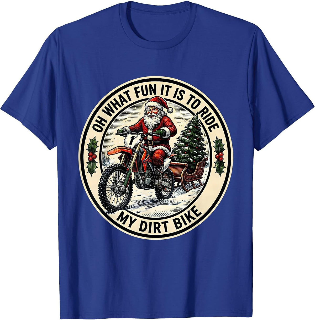 Men's Oh What Fun It Is To Ride My Dirt Bike Woodcut Engraving T-Shirt - Royal Blue