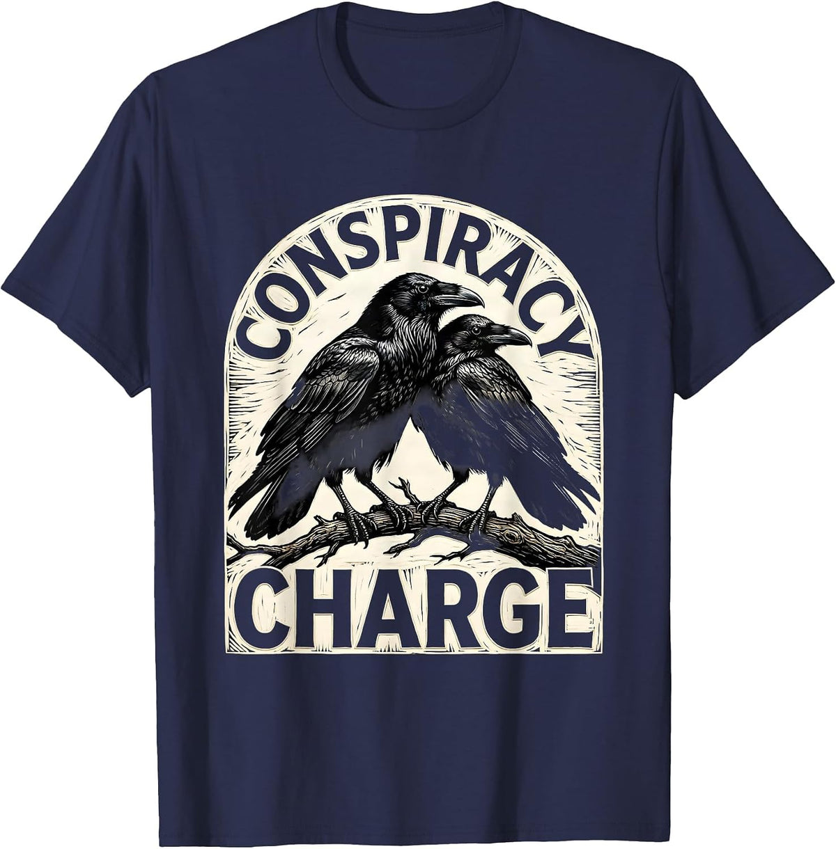 Conspiracy Charge Woodcut Engraving Crow Lover Literary T-Shirt - Navy Blue