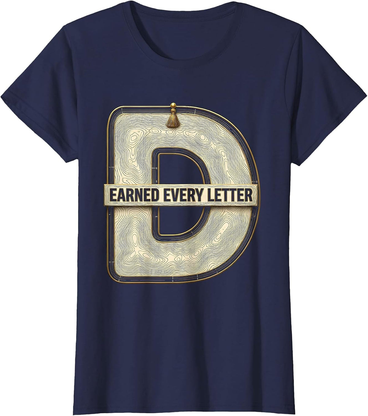 Women's Earned Every Letter Topographic Contour PhD Graduation Black T-Shirt - Navy Blue