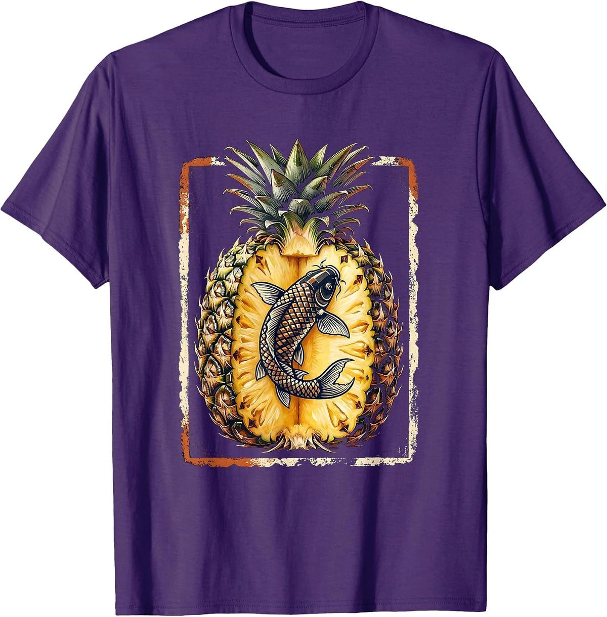 Men's Pineapple Koi Fish Split Fruit Graphic Design T-Shirt - Purple