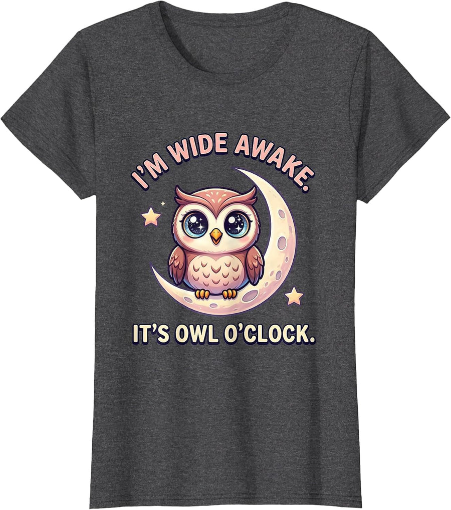 Women's I'm Wide Awake. It's Owl O'Clock Cute Kawaii Owl Lover Humor T-Shirt - Dark Heather Grey