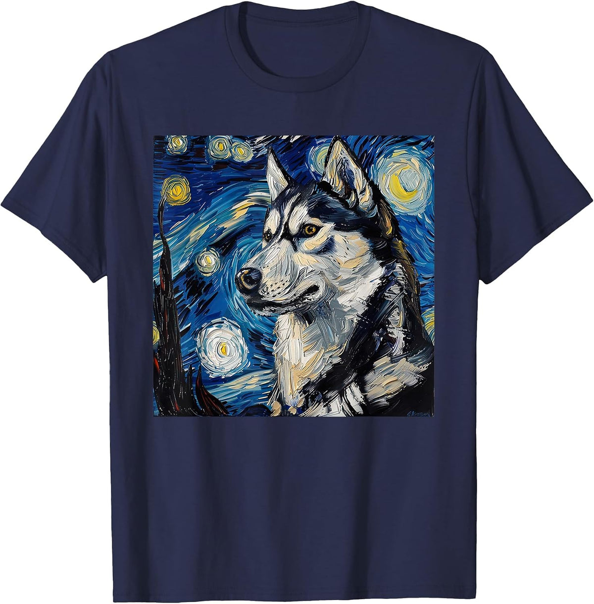 Siberian Husky Dog Van Gogh Starry Night T-Shirt - Navy Blue
