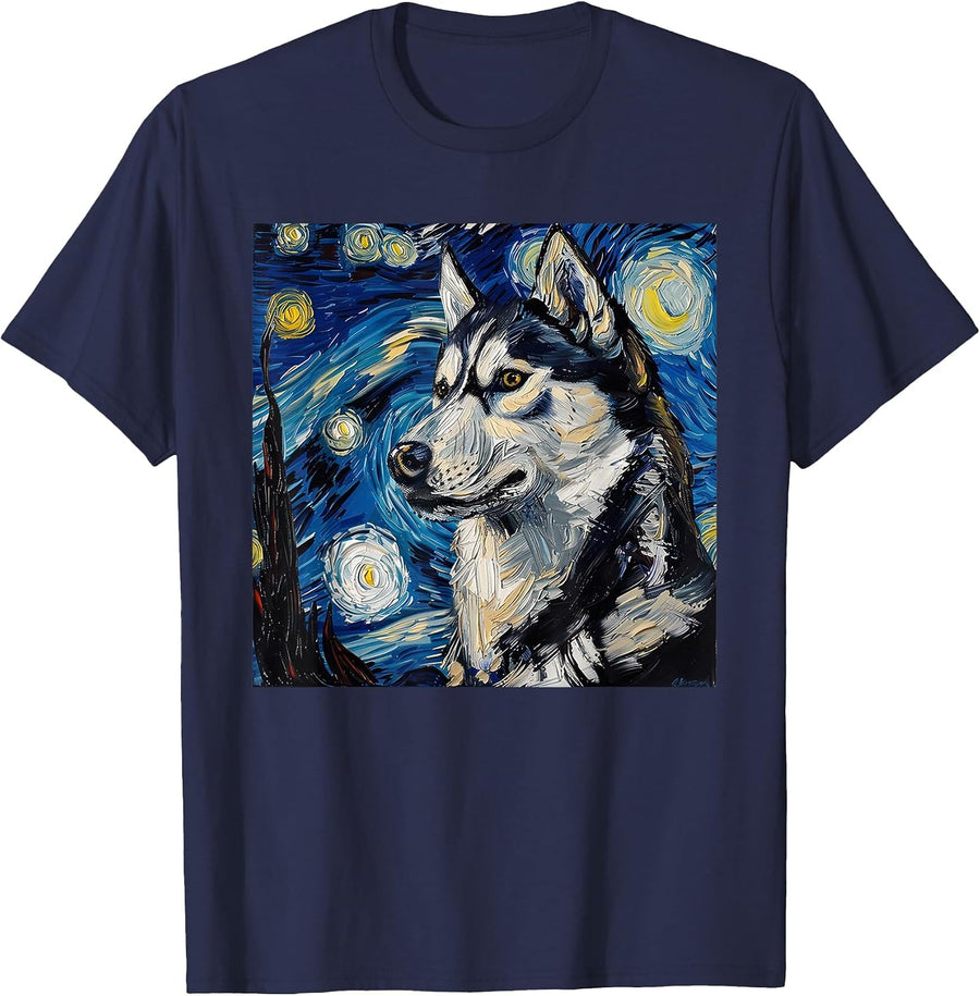 Siberian Husky Dog Van Gogh Starry Night T-Shirt - Navy Blue