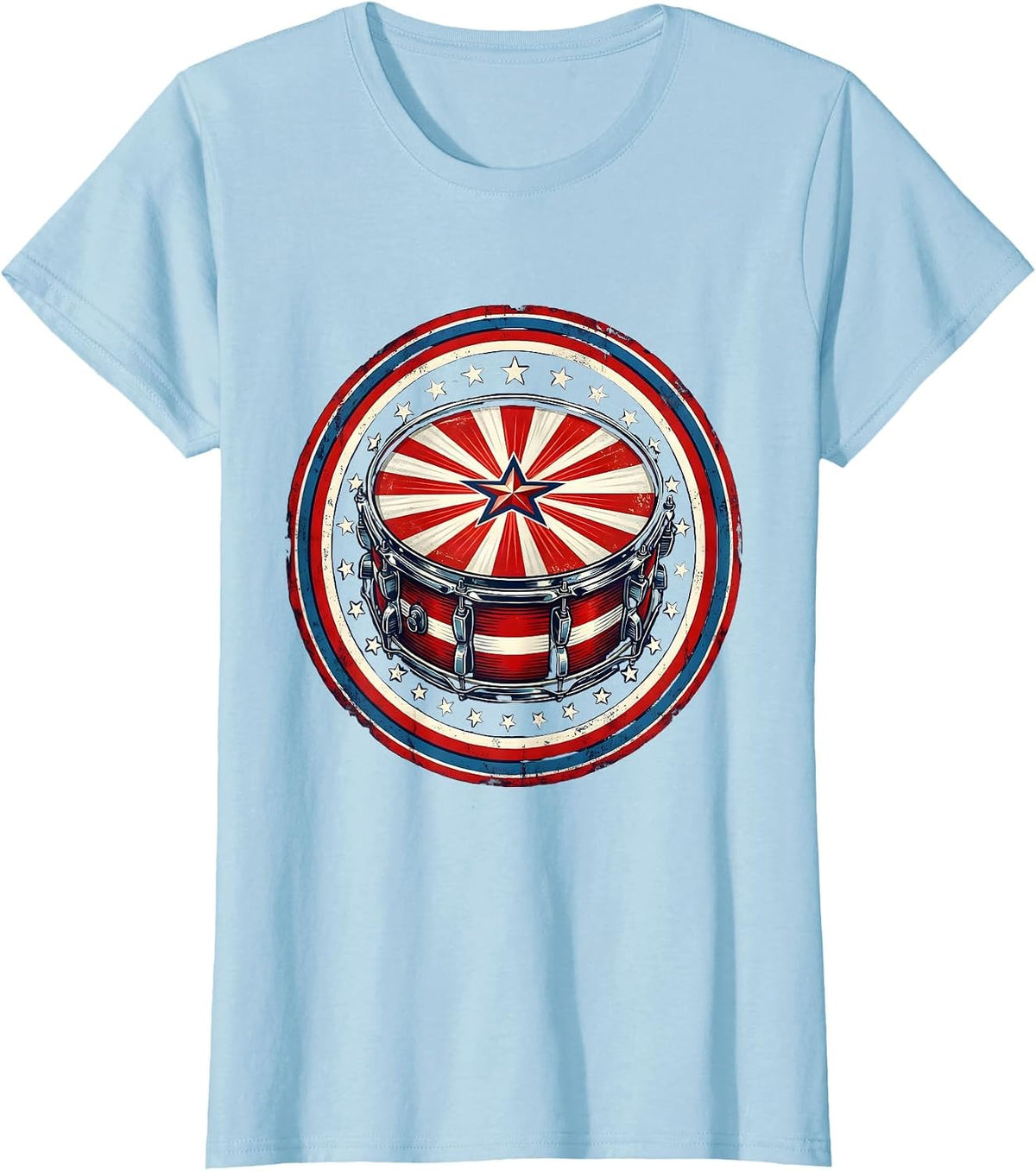 Women's Patriotic Drum Star-Burst Red White Blue Design T-Shirt - Baby Blue