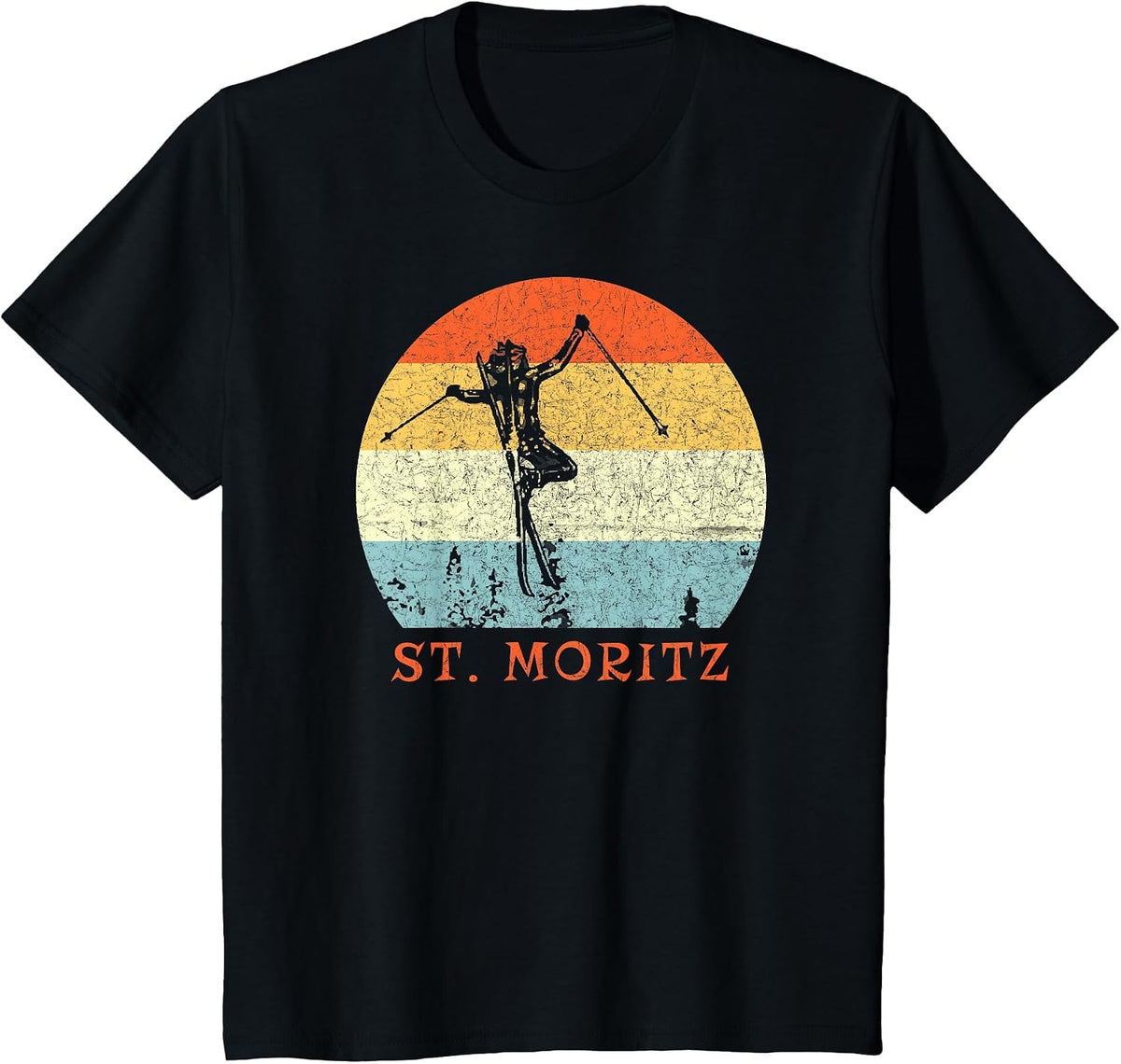 Ski St. Moritz, Switzerland Vintage Snow Skiing Vacation T-Shirt - Black