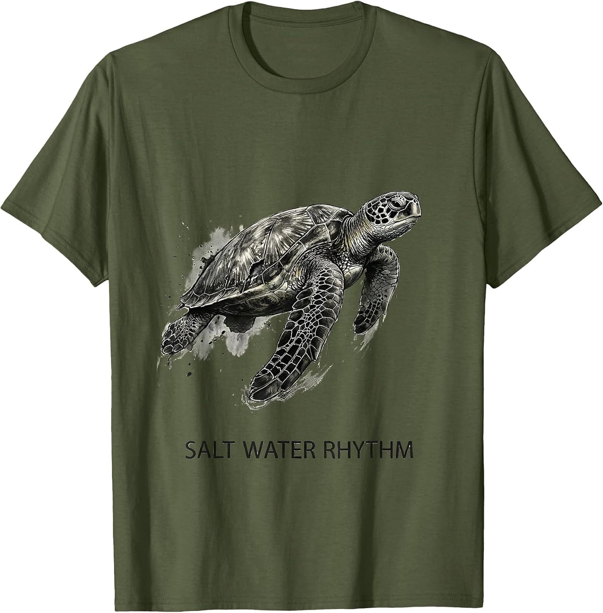 Salt Water Rhythm Tactile Monochrome Sea Turtle Ocean Animal T-Shirt - Olive Green