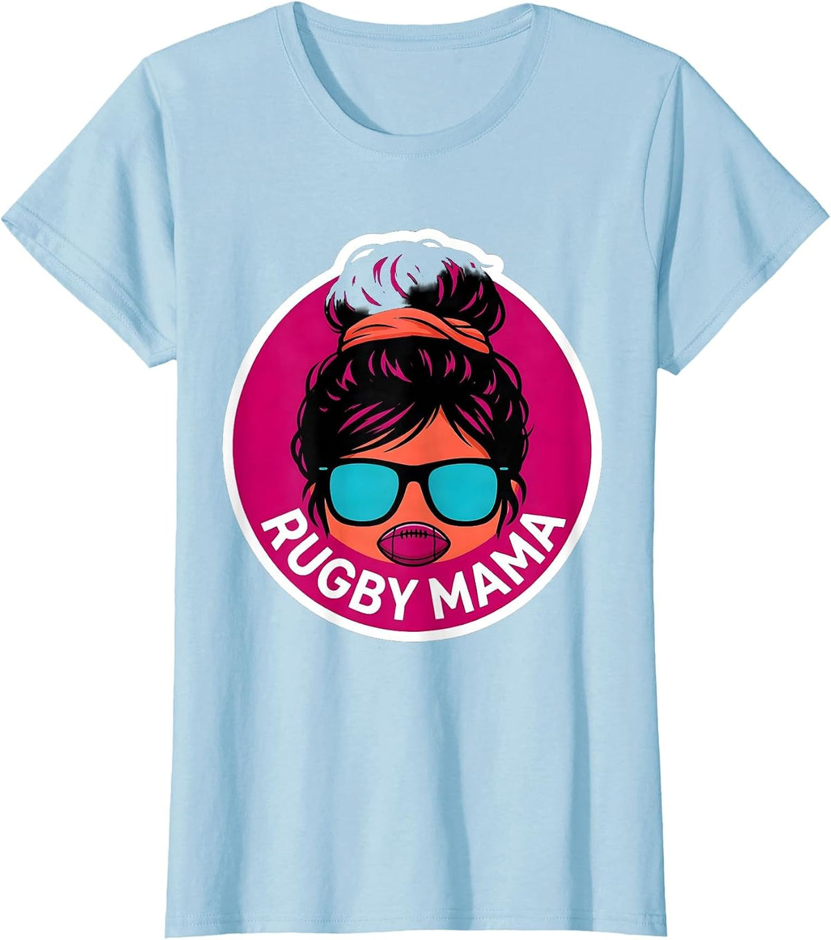 Women's Rugby Mama Funny Messy Bun Sports Mom Team Pride T-Shirt - Baby Blue