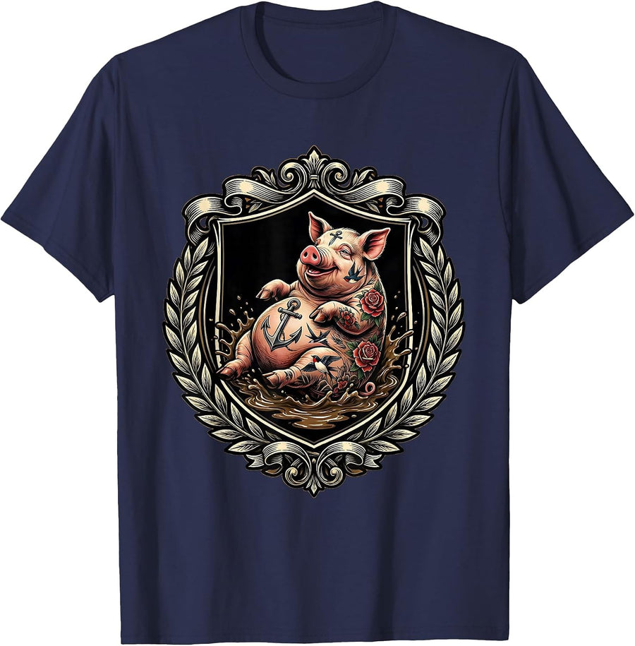 Tattooed Pig Rolling in Mud Funny Graphic T-Shirt - Navy Blue