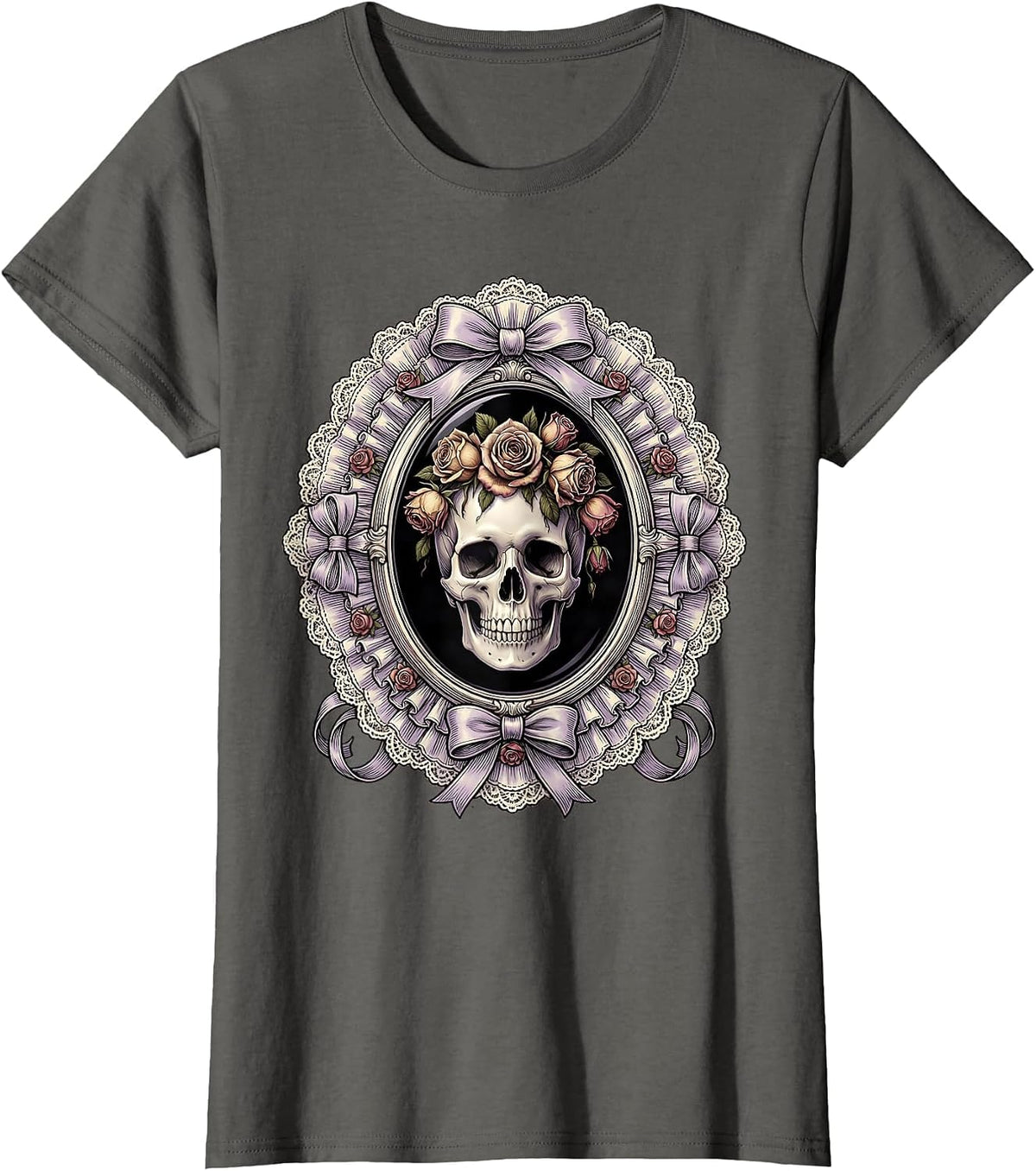 Women's Skull Crowned With Wilting Black Roses Goth Art T-Shirt - Asphalt Grey