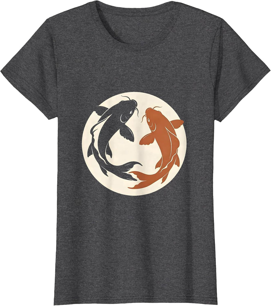 Women's Koi Fish Yin Yang Couples Graphic Design T-Shirt - Dark Heather Grey