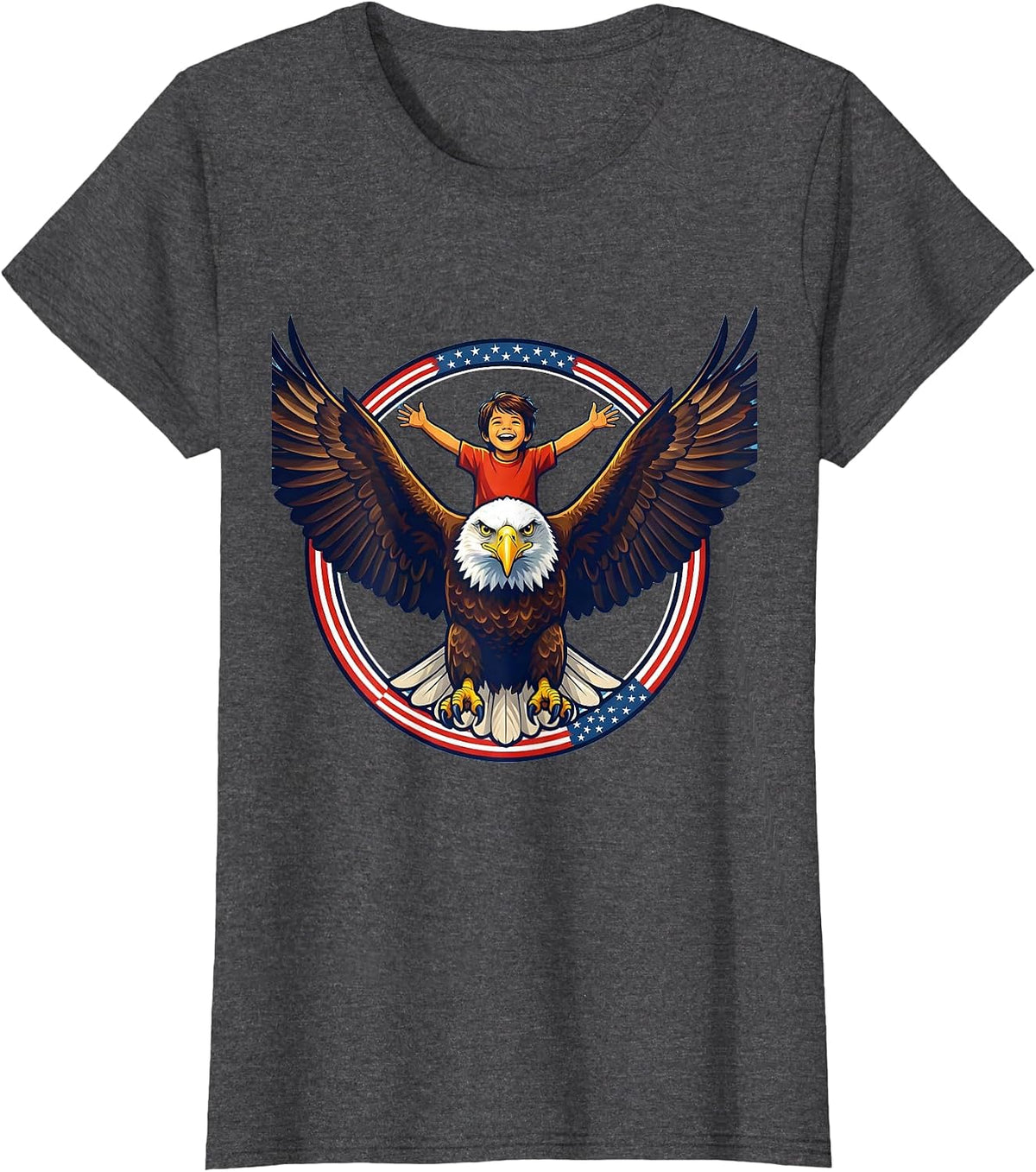 Women's Kids American Flag Bald Eagle Rider Graphic T-Shirt - Dark Heather Grey