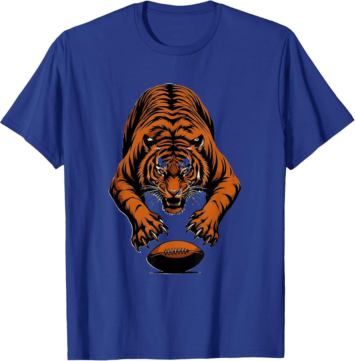 Tiger Pouncing on Rugby Ball Graphic Design T-Shirt - Royal Blue