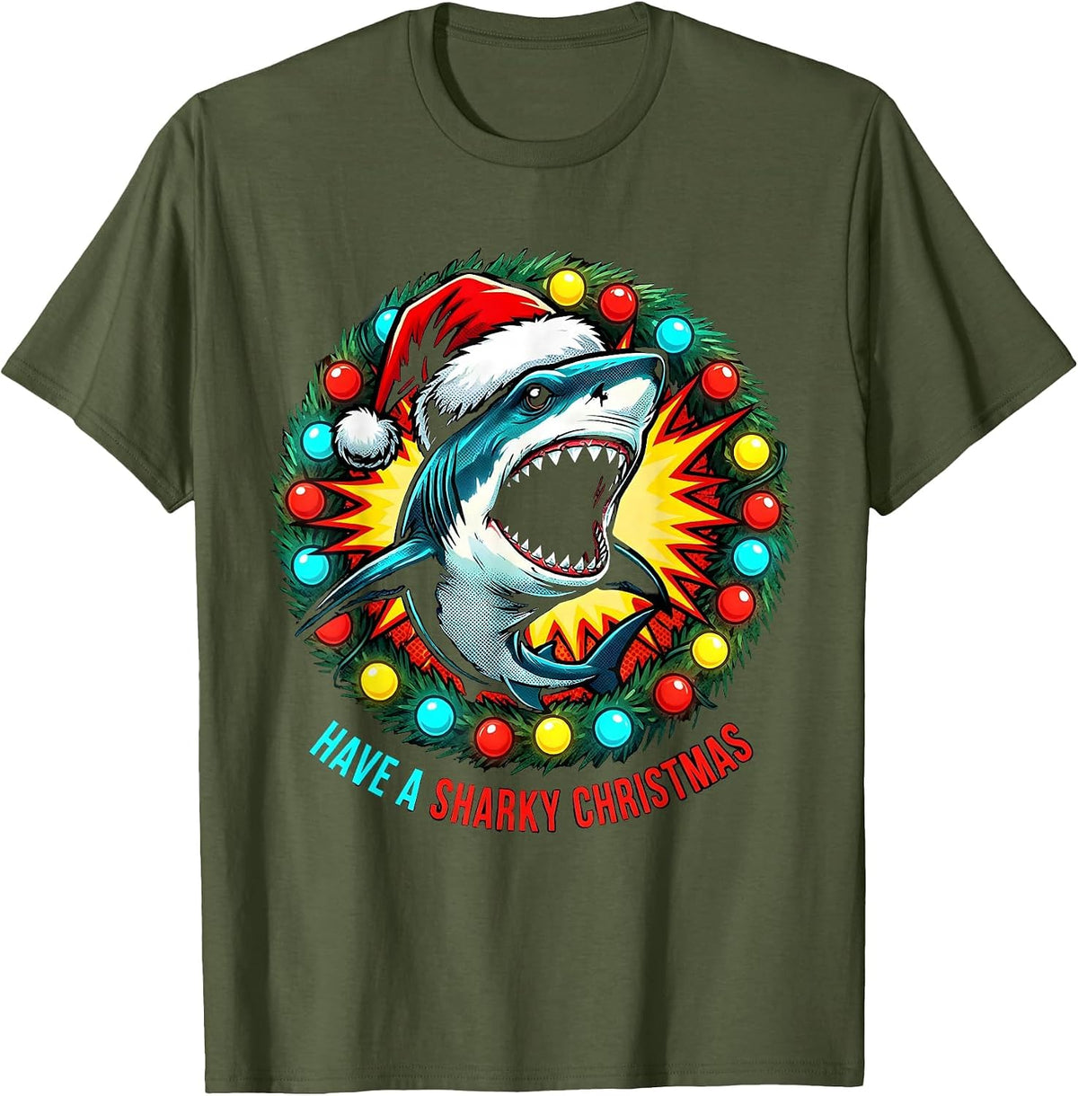 Men's Have a Sharky Christmas Funny Pop Art Shark Santa Hat T-Shirt - Olive Green