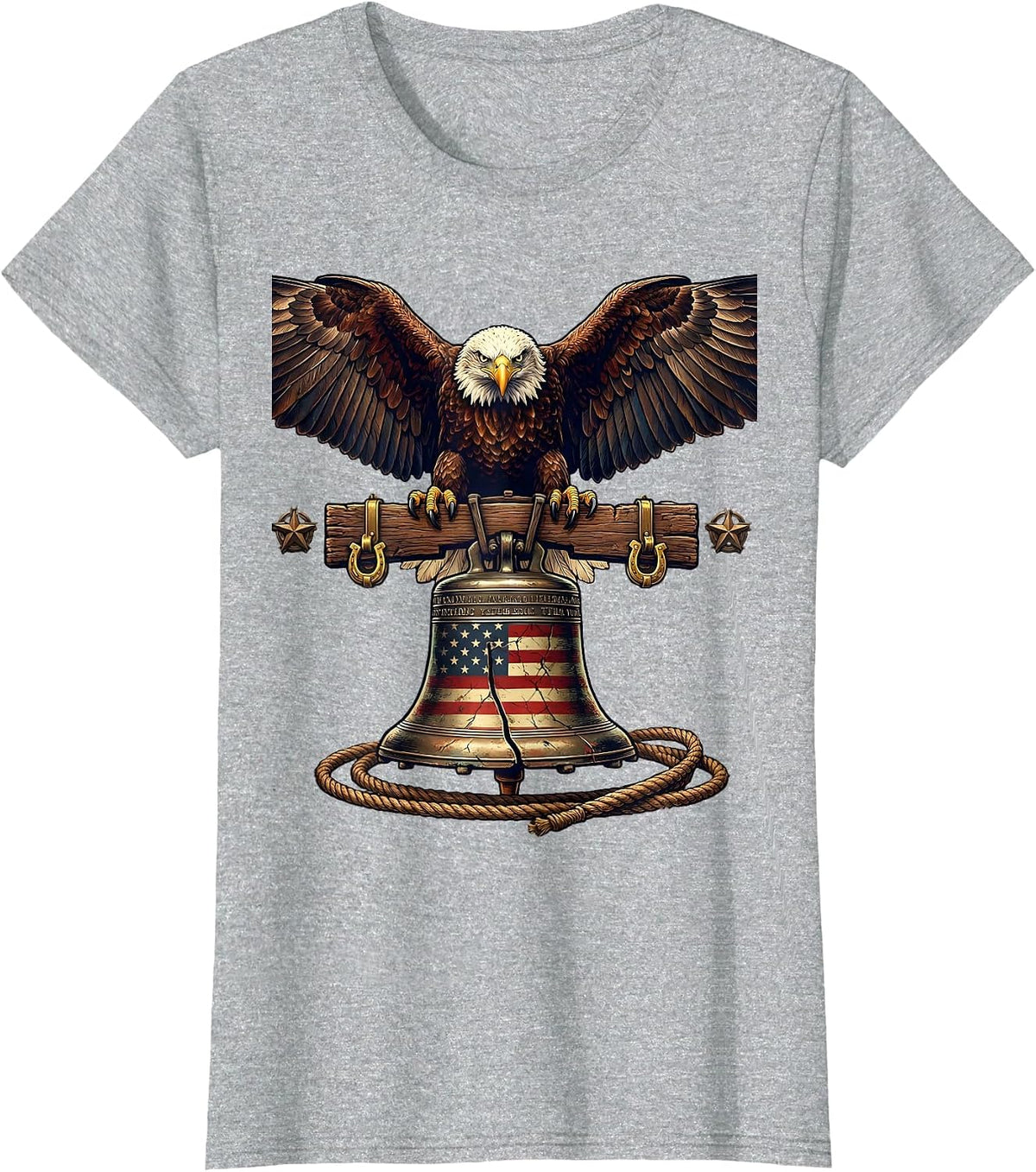Women's Bald Eagle Liberty Bell Patriotic American Design T-Shirt - Heather Grey