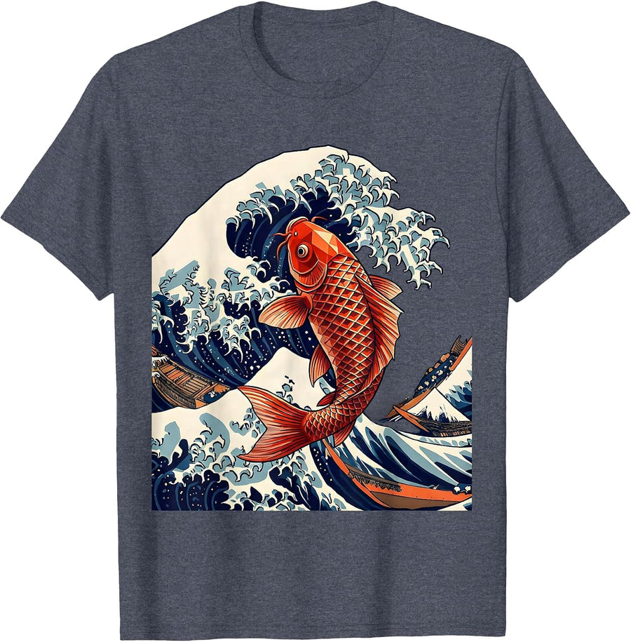Koi Fish Leaping Through Crashing Wave T-Shirt - Heather Blue