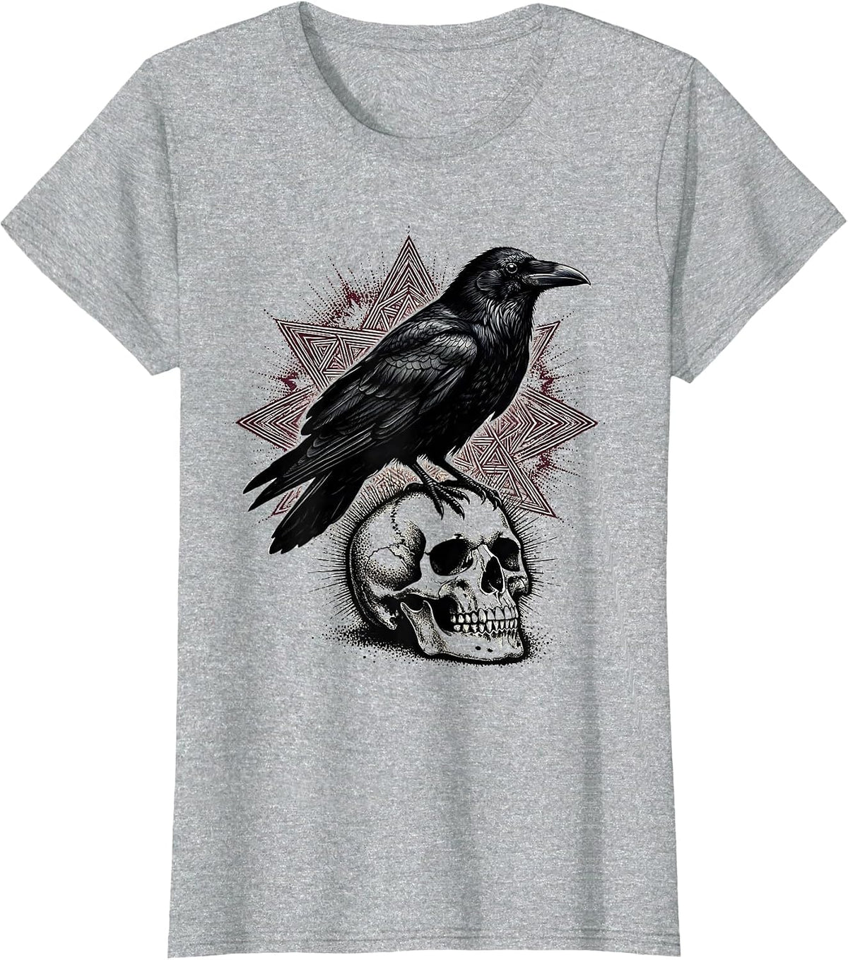 Women's Raven Perched on Mossy Skull Gothic Nature Art T-Shirt - Heather Grey