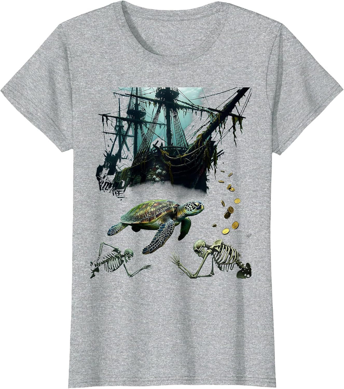 Sea Turtle Shipwreck Pirate Ocean Art T-Shirt - Heather Grey