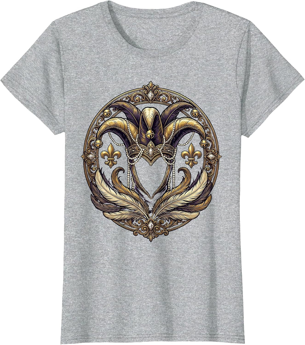 Mardi Gras Jester Hat Pearl Strands Festive Design T-Shirt - Heather Grey