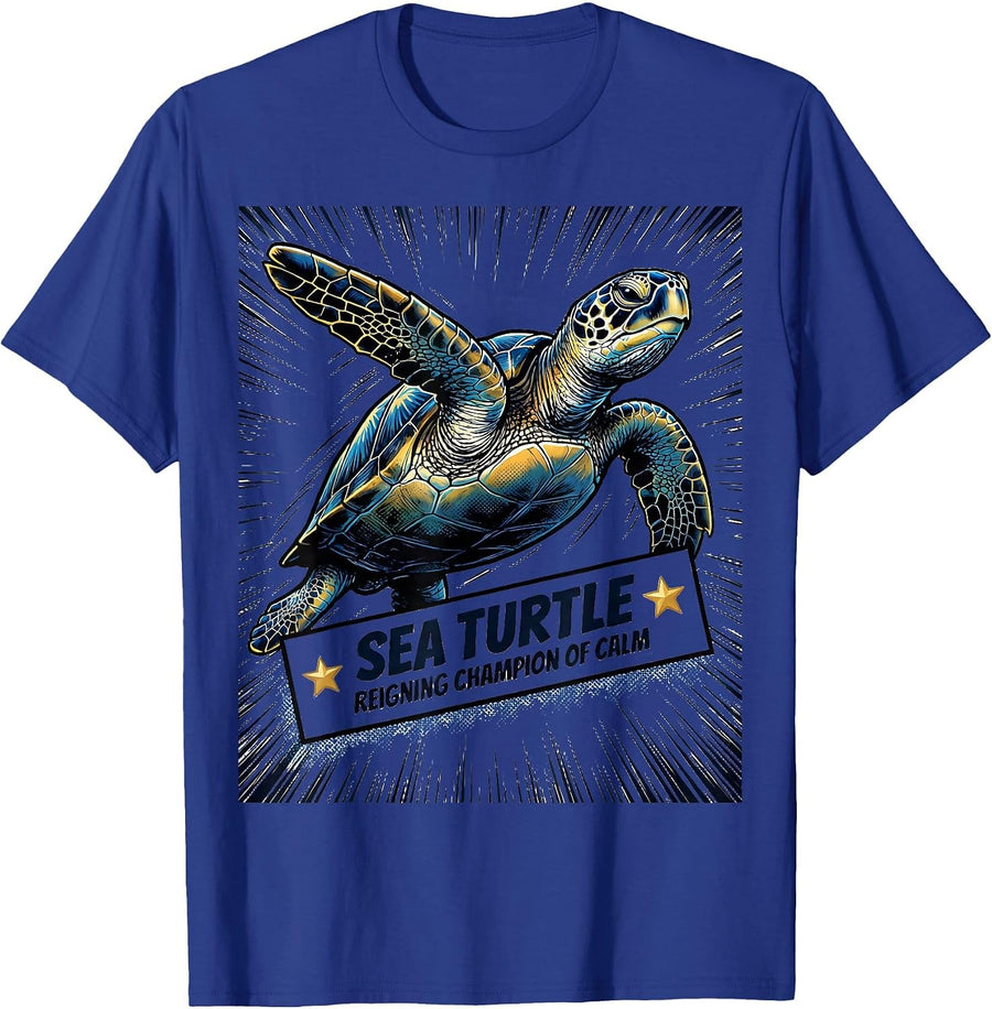 Sea Turtle Reigning Champion of Calm Comic Book Pet Lover T-Shirt - Royal Blue