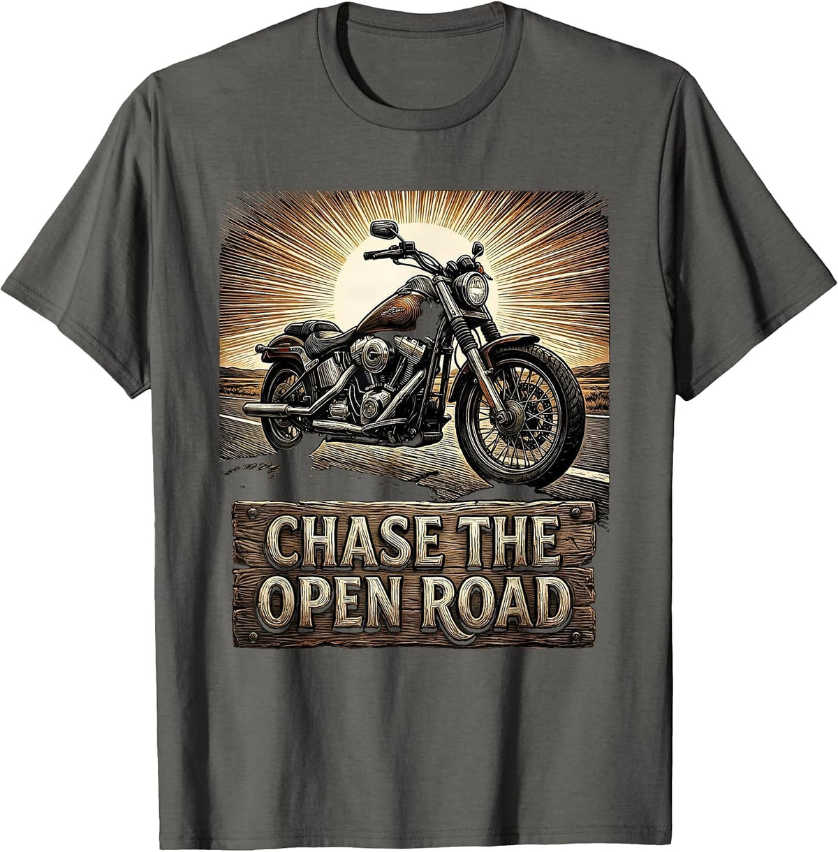 Chase the Open Road Biker Graphic Design T-Shirt - Asphalt Grey