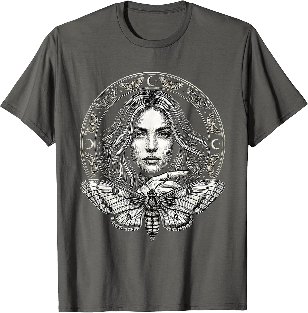 Emo Streaked Hair Woman With Moth on Finger T-Shirt - Asphalt Grey
