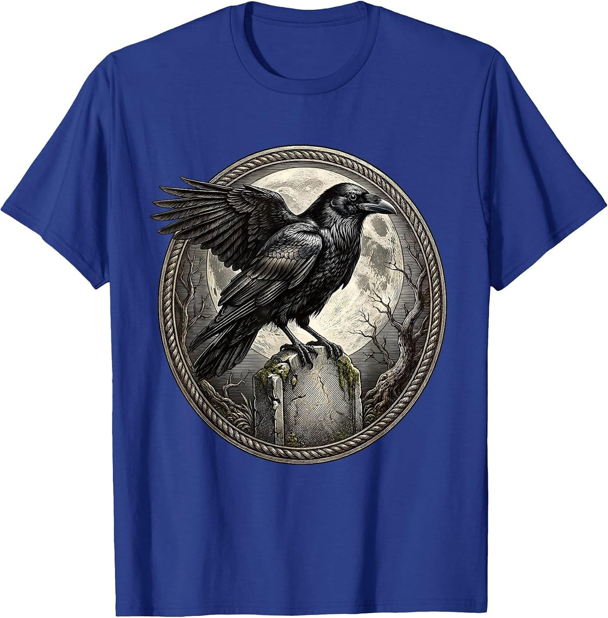 Men's Raven on Gravestone Spooky Halloween Graphic T-Shirt - Royal Blue