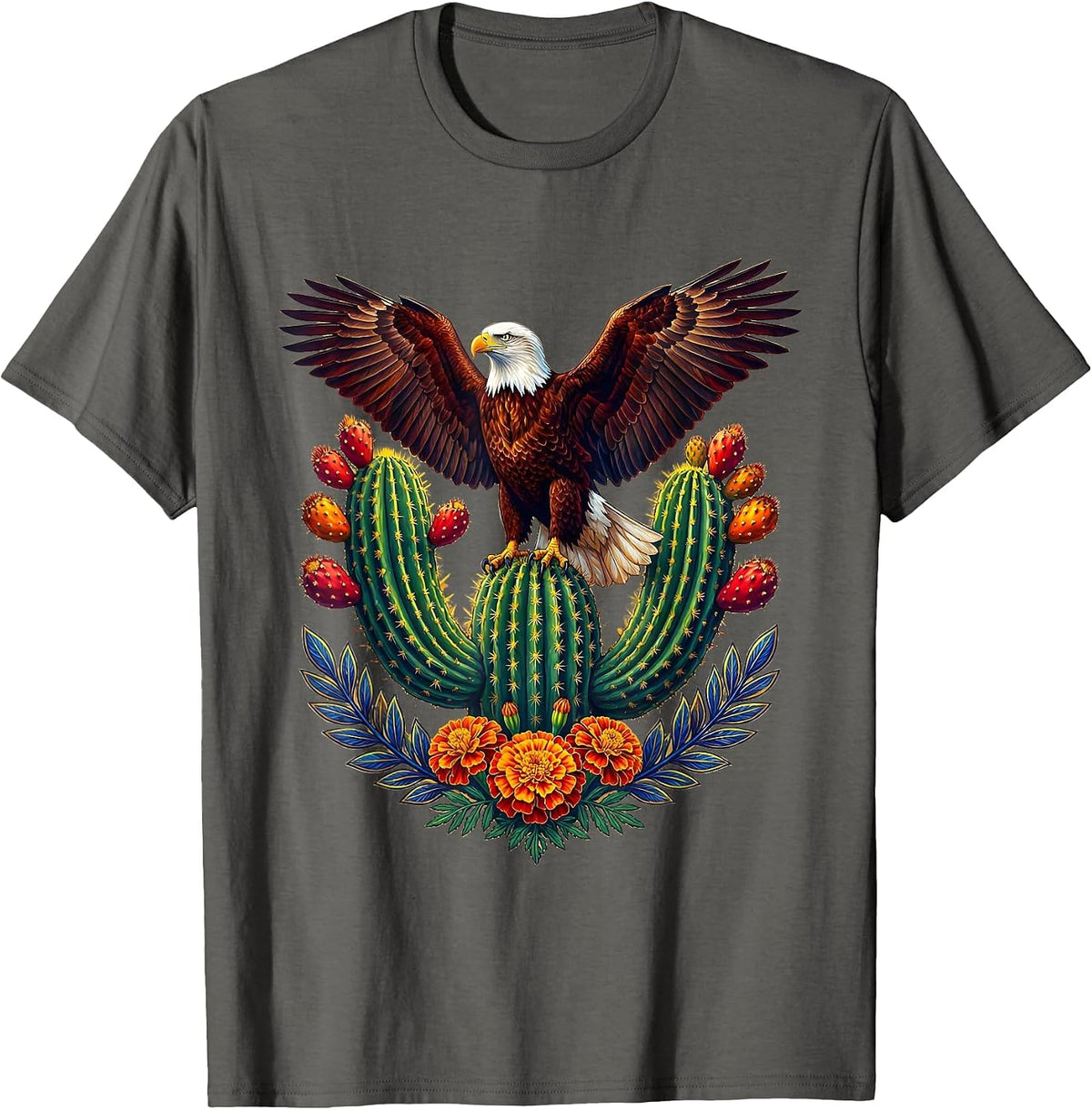 Mexican American Bald Eagle Nopal Cactus Design T-Shirt - Asphalt Grey