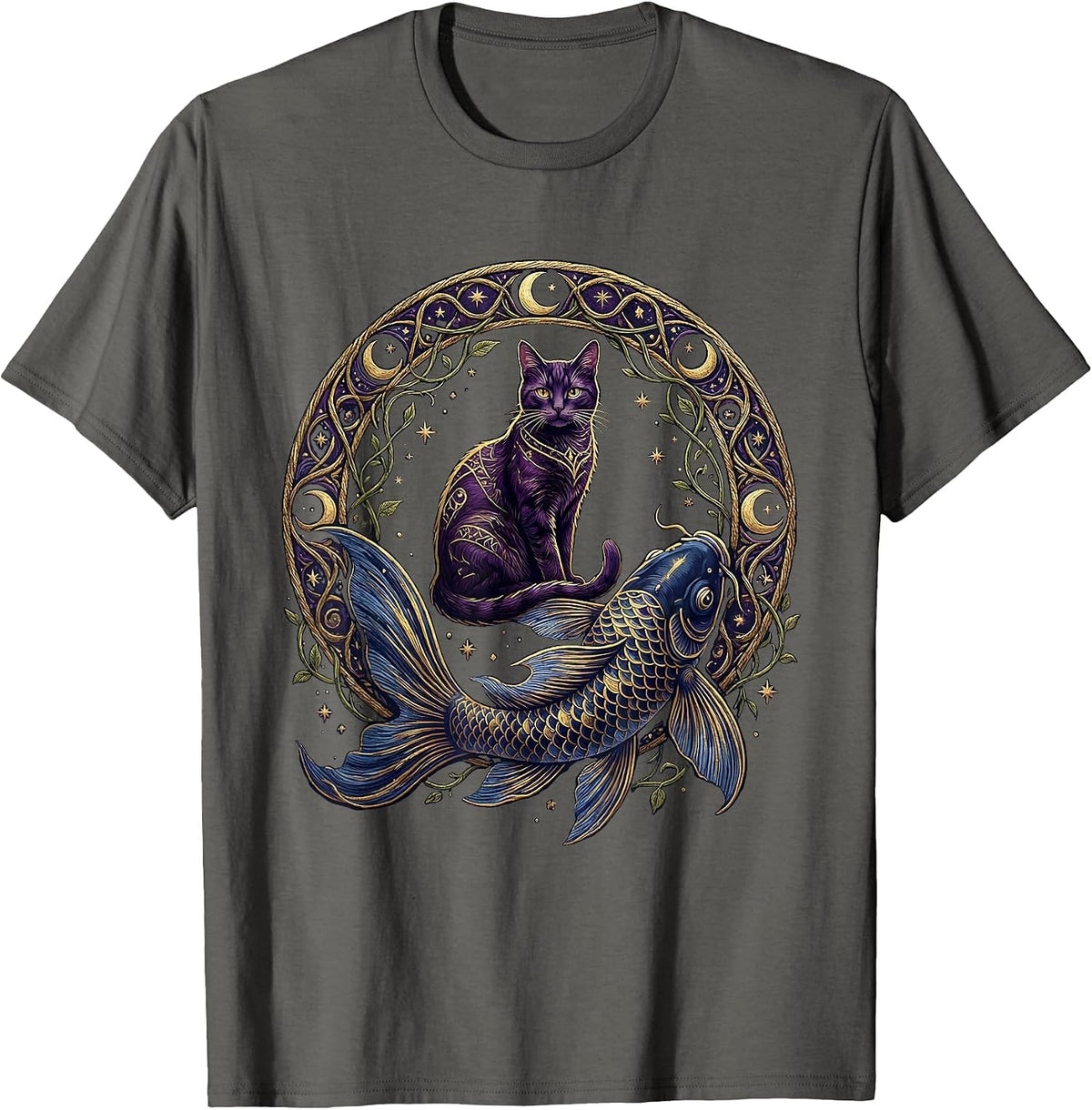 Men's Cat and Koi Fish Shadow Graphic Tee T-Shirt - Asphalt Grey