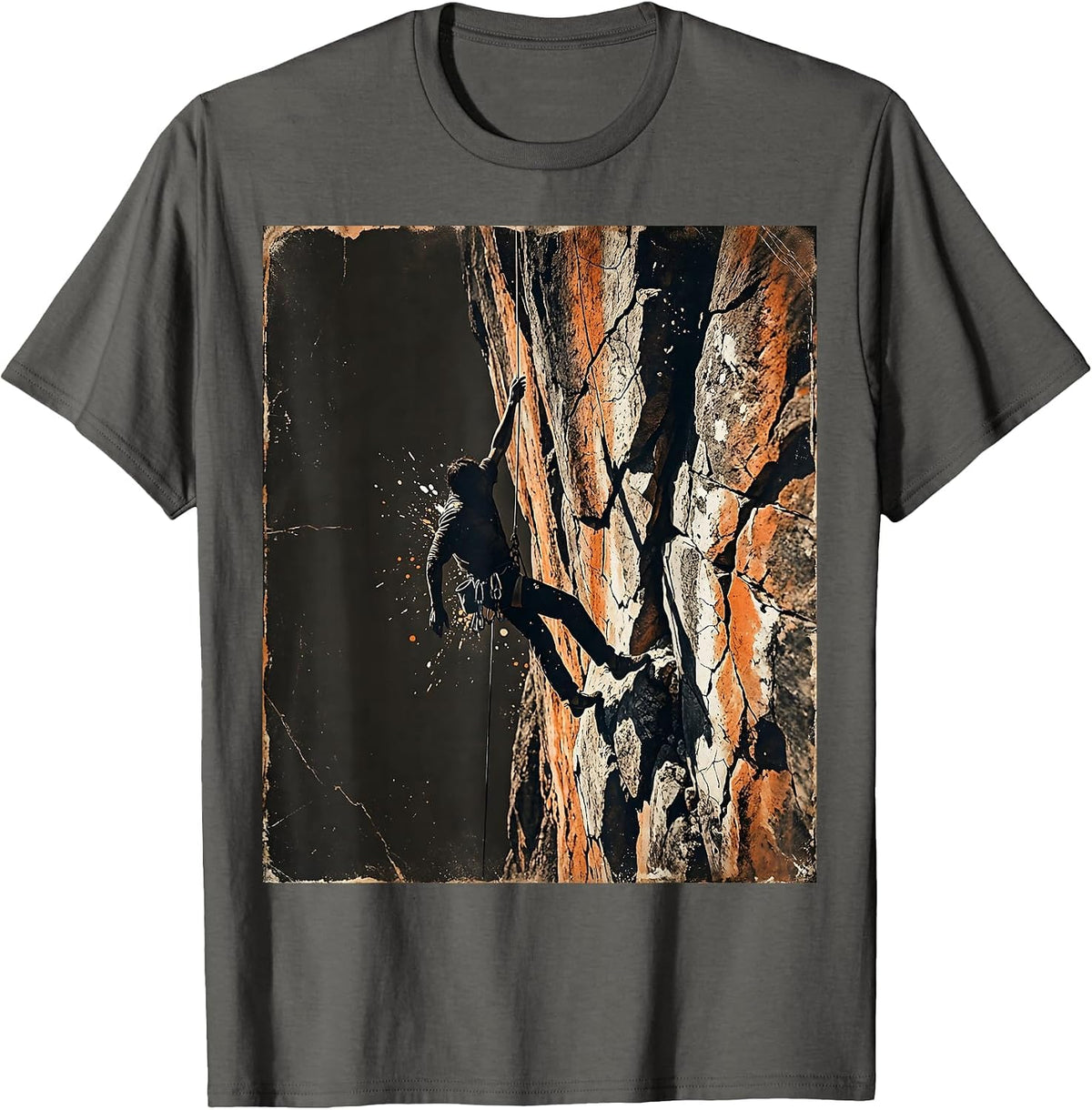 One-Handed Cliff Hanger Rock Climbing Graphic T-Shirt - Asphalt Grey