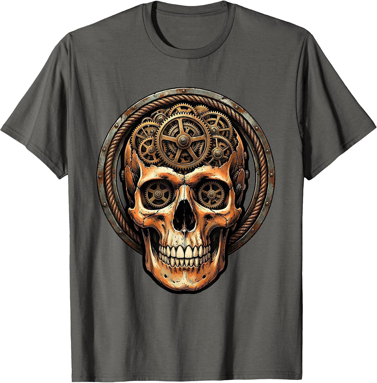 Skull Clock Gears Vintage Steampunk Illustration T-Shirt - Asphalt Grey