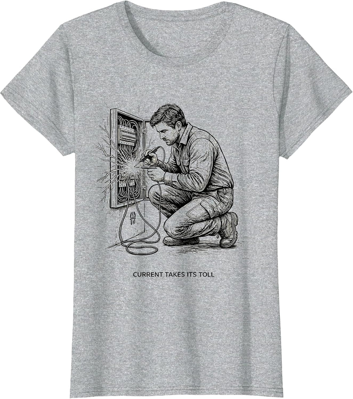 Women's Current Takes Its Toll Funny Electrician Lineman Trade Humor T-Shirt - Heather Grey