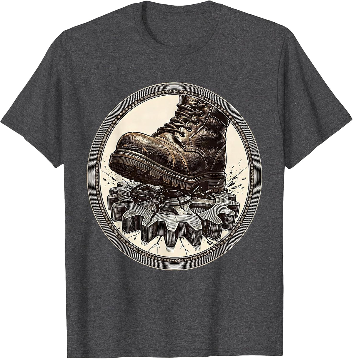 Men's Mechanic Boot Crushing Gear Graphic Tee T-Shirt - Dark Heather Grey