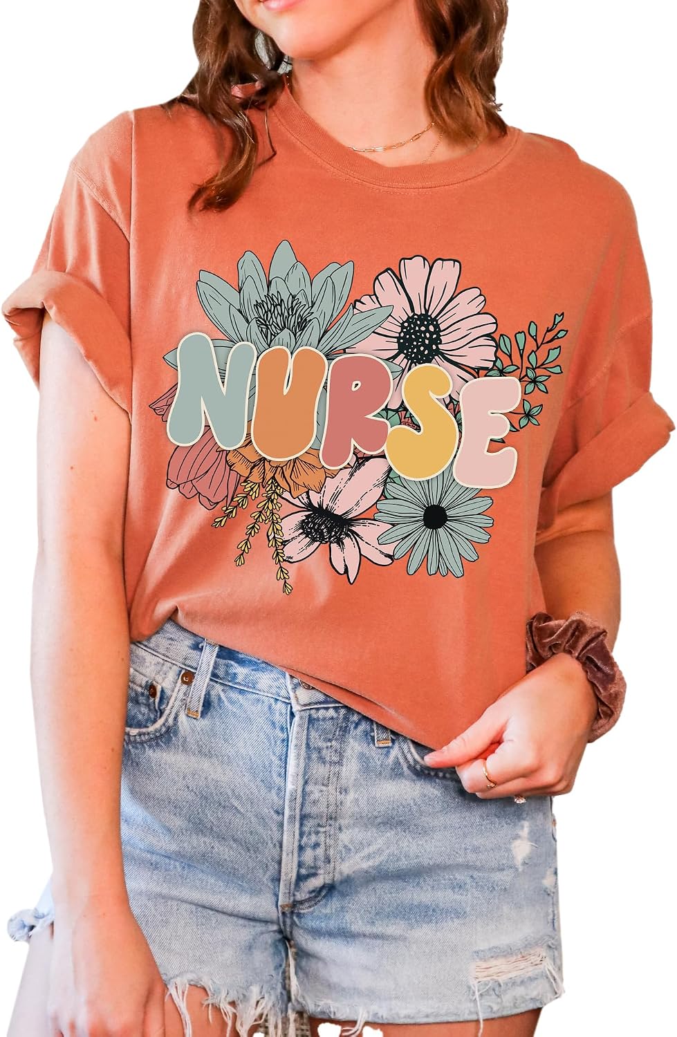 Nurse T-Shirt, Floral Design Retro Look Oversized Unisex Graphic Tee for Nurse, 100% Cotton Premium Quality Best Gift for