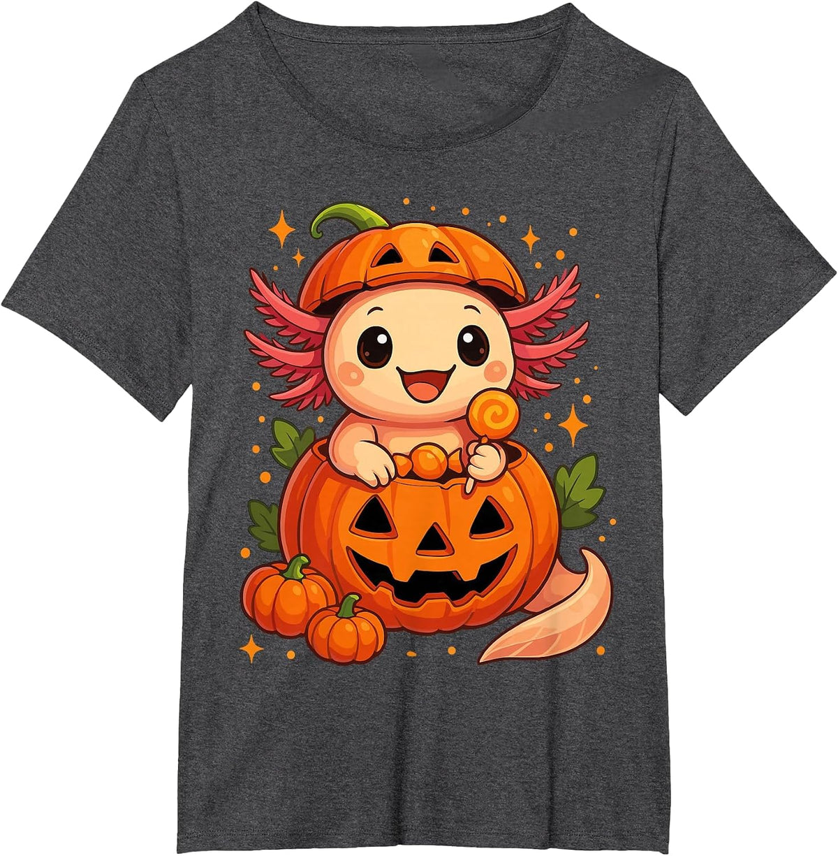 Cute Axolotl Halloween Spooky Candy Pumpkin Axolotl T-Shirt - Dark Heather Grey