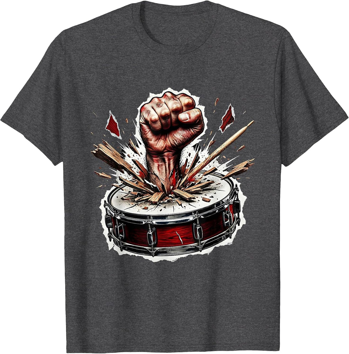 Classic Rock Fist Through Bass Drum Graphic T-Shirt - Dark Heather Grey