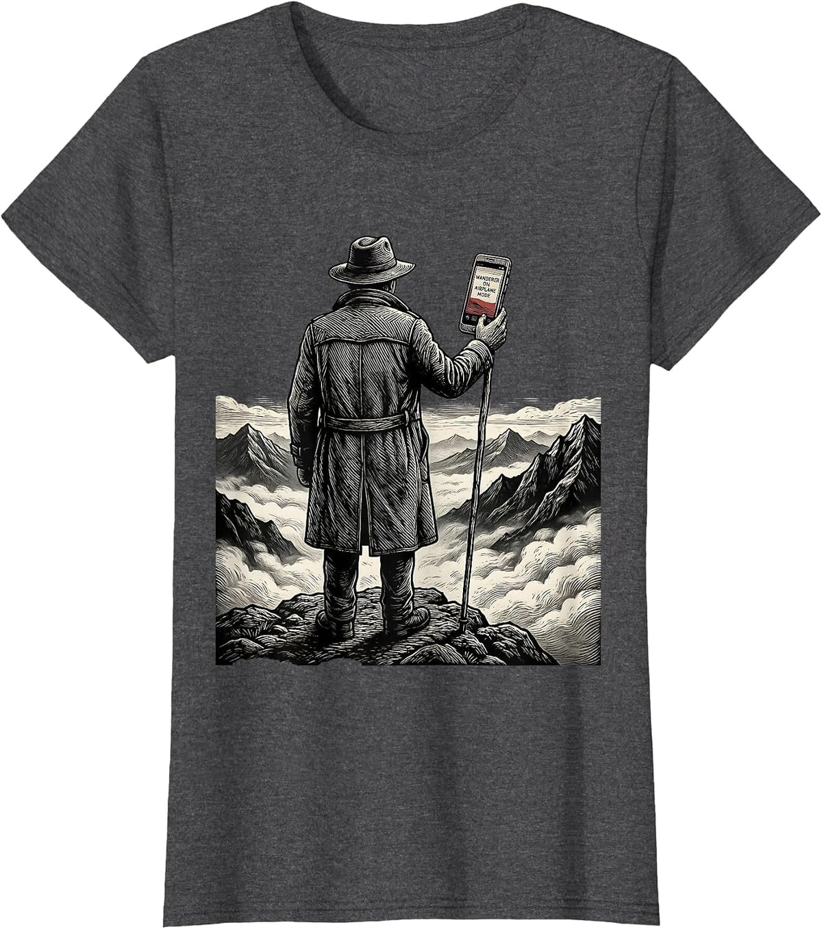 Women's Wanderer On Airplane Mode Woodcut Engraving Art History T-Shirt - Dark Heather Grey