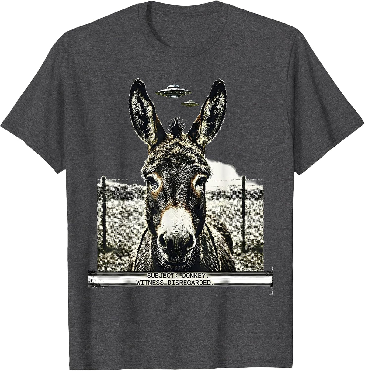 Men's SUBJECT: DONKEY. WITNESS DISREGARDED. Funny Animal UFO T-Shirt - Dark Heather Grey