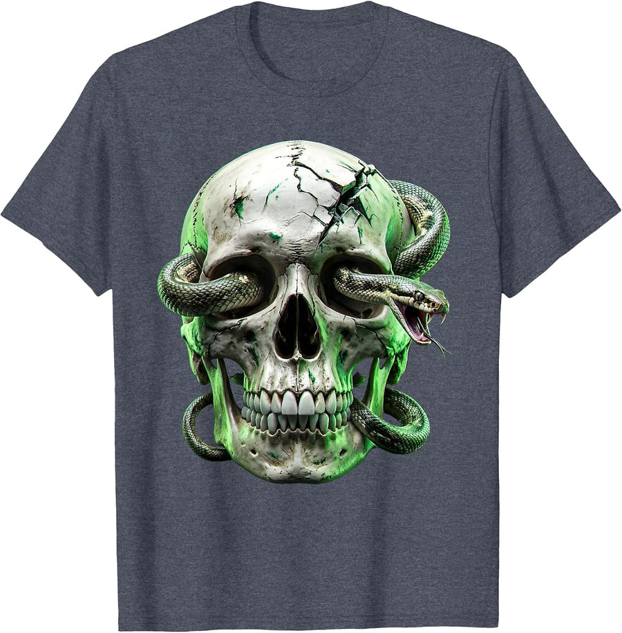 Skull and Snake Coiled Eye Socket Dark Art T-Shirt - Heather Blue