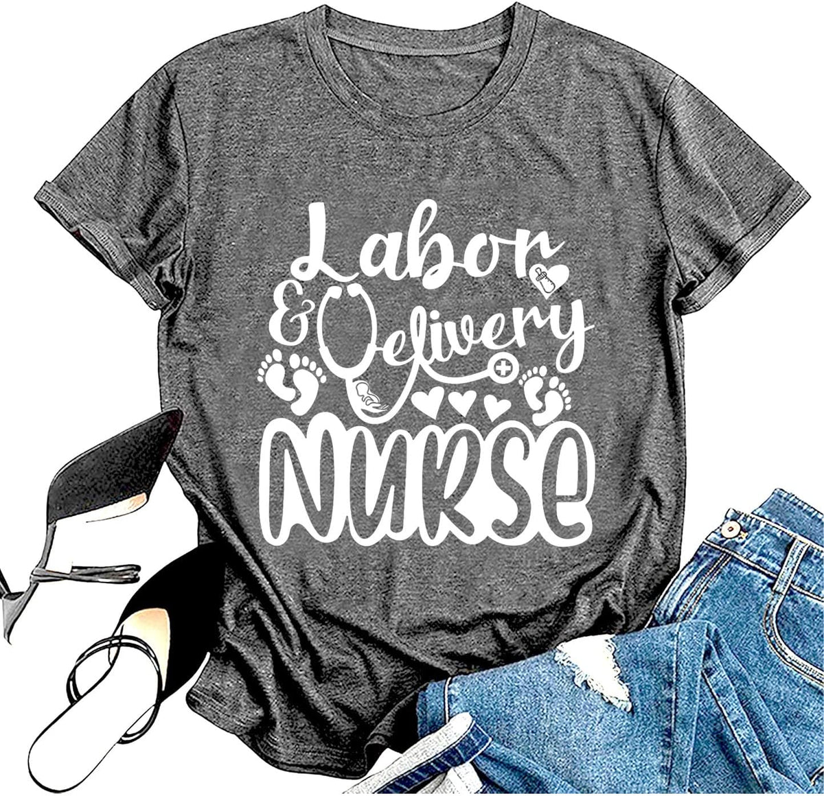 Nurse Shirts for Women Labor and Delivery Nurse T-Shirt Casual Short Sleeves Tees for Nurse - Gray
