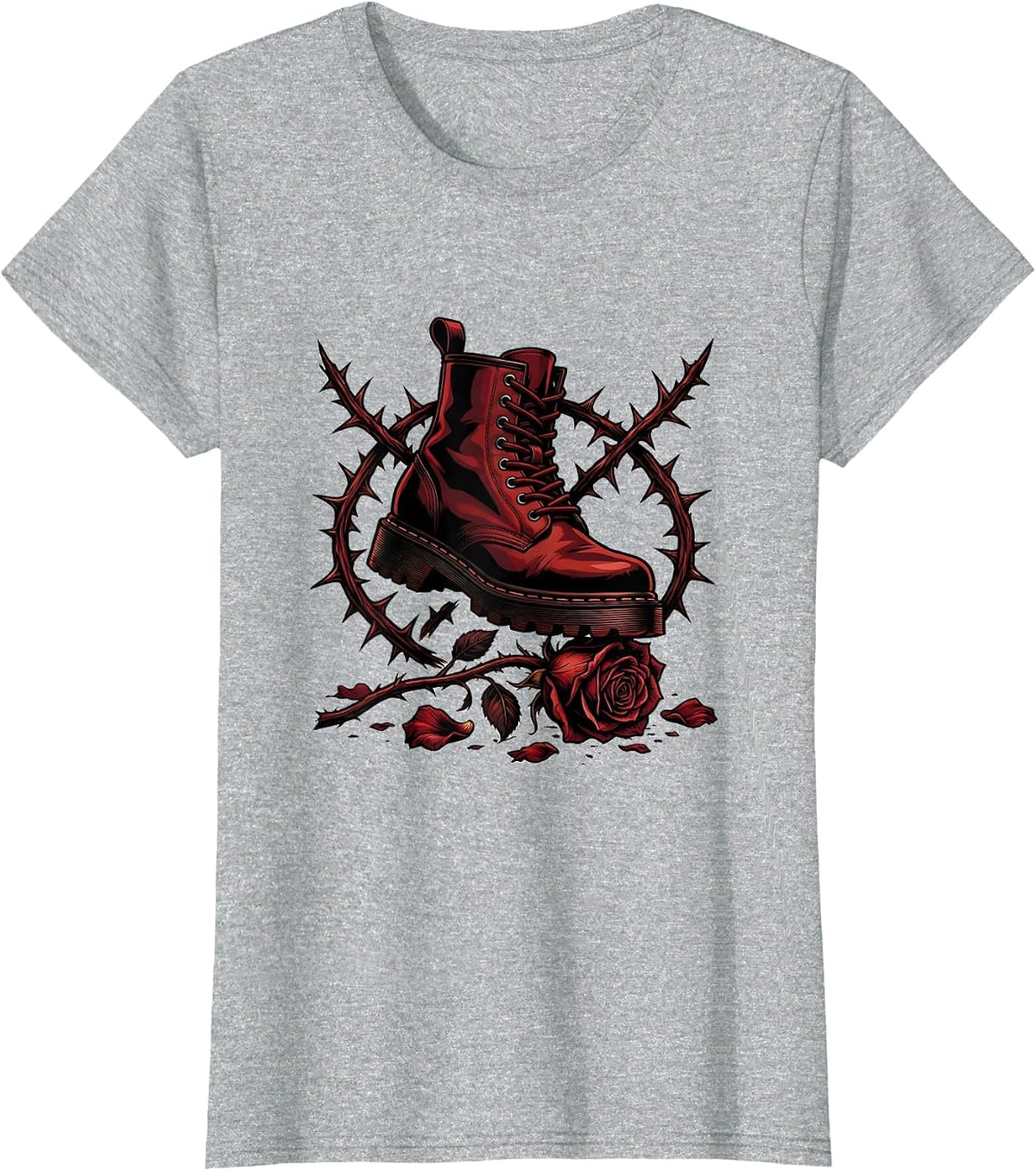 Grunge Combat Boot Crushing Wilted Flower Art T-Shirt - Heather Grey