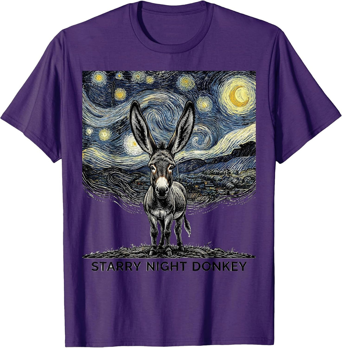 Starry Night Donkey Line Art Animal Lover Van Gogh Style T-Shirt - Purple