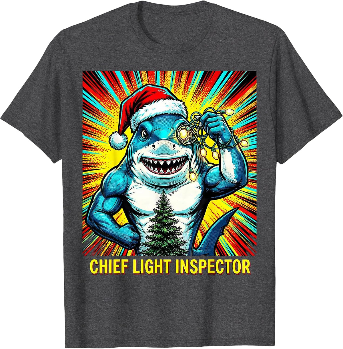 Chief Light Inspector Pop Art Funny Shark Santa Hat T-Shirt - Dark Heather Grey