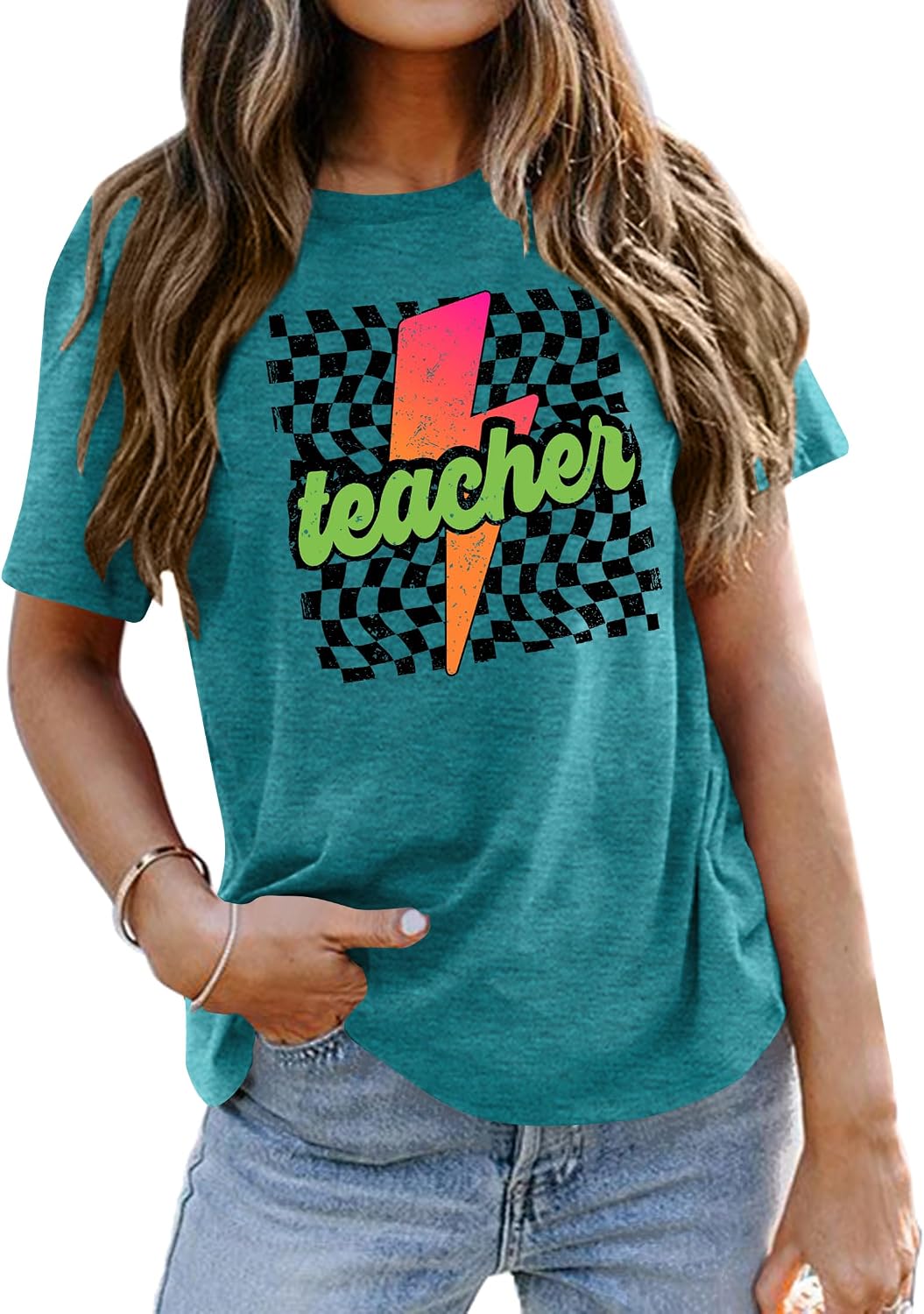 Teacher Shirts Women Vintage Teacher Graphic Tshirt Teacher Life T Shirt Kindergarten Teachers Tees Casual Tops - Cyan