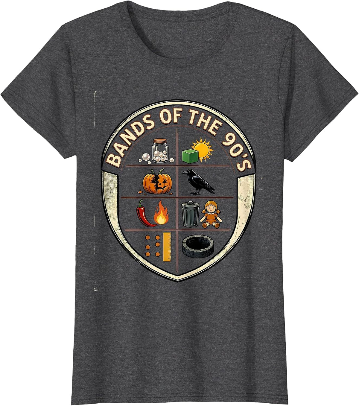 Women's Bands Of The 90's Vintage Retro Music Trivia Rebus Humor T-Shirt - Dark Heather Grey
