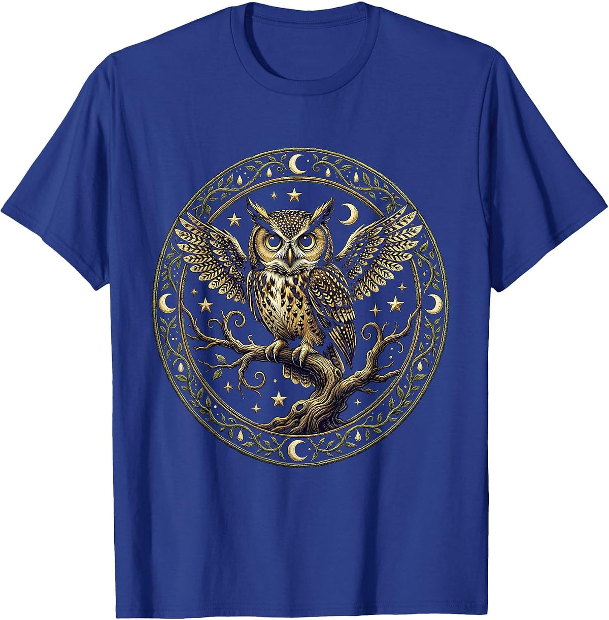 Men's Spooky Owl Glowing Eyes on Branch Halloween Design T-Shirt - Royal Blue