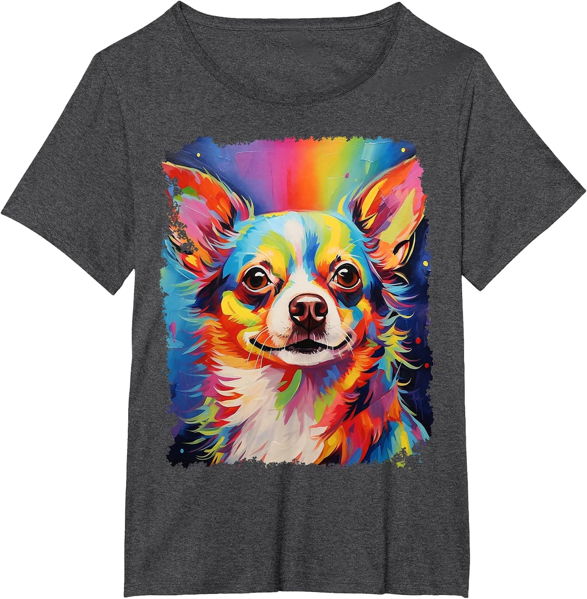 Pop Art Dog Chihuahua Long Hair Rainbow T-Shirt - Dark Heather Grey