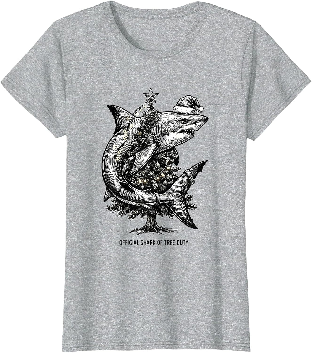 Women's Official Shark of Tree Duty Funny Shark Santa Hat Christmas T-Shirt - Heather Grey